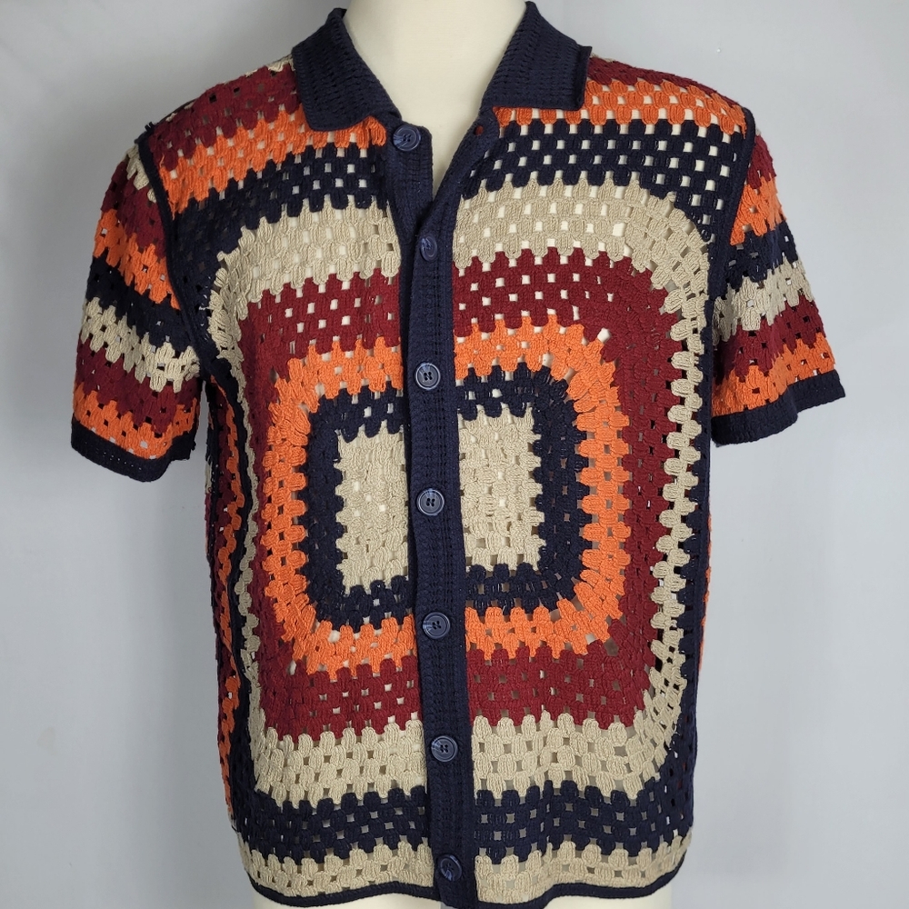Morsecode Granny Square Men's Crocheted Medium Button-up Shirt